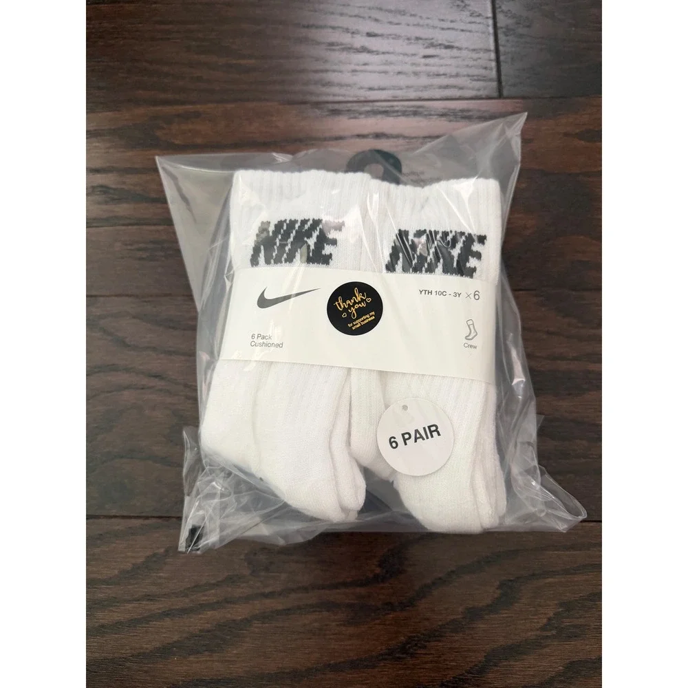 Nike Kids Everyday Cushioned Crew Socks 6 Pack White Black BN0509-F00 Size XS